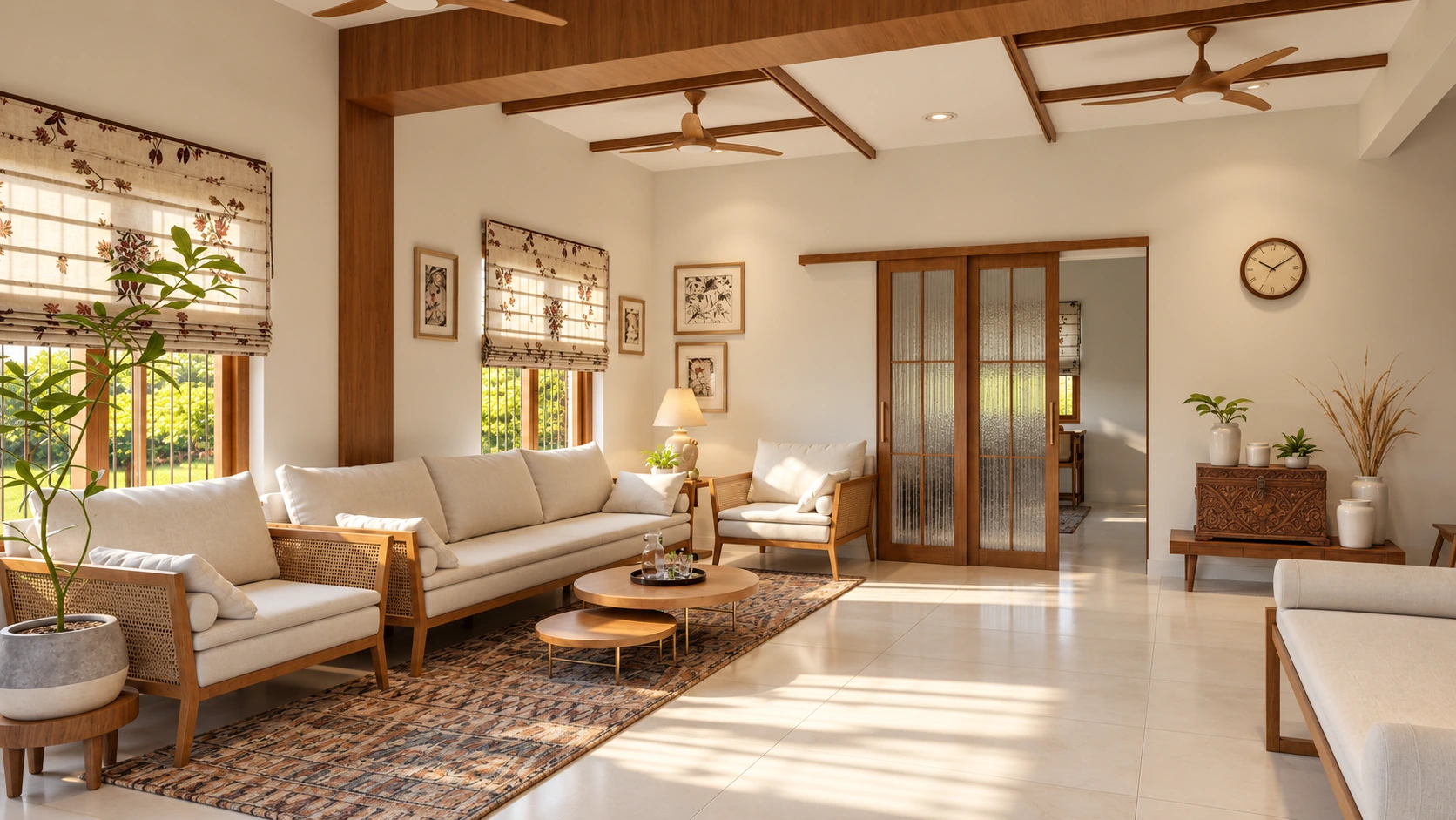 Living room with a timber ceiling portal, cane seating, and reeded glass doors