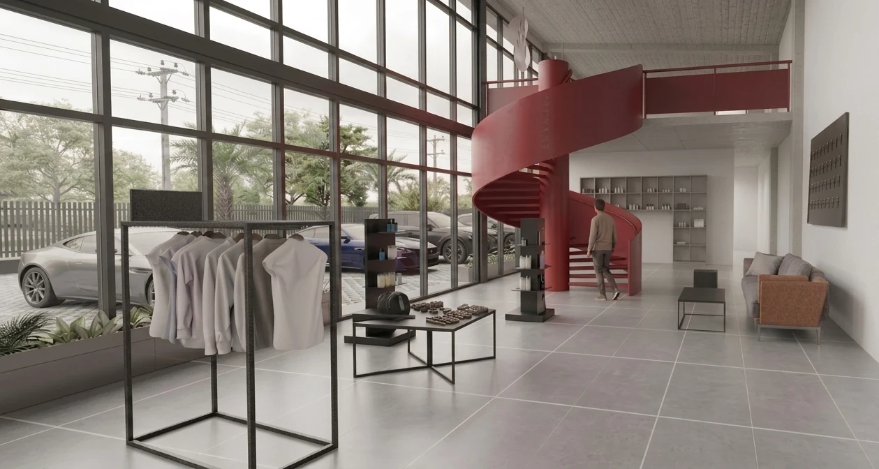 Retail display and customer experience space beside the red spiral stair
