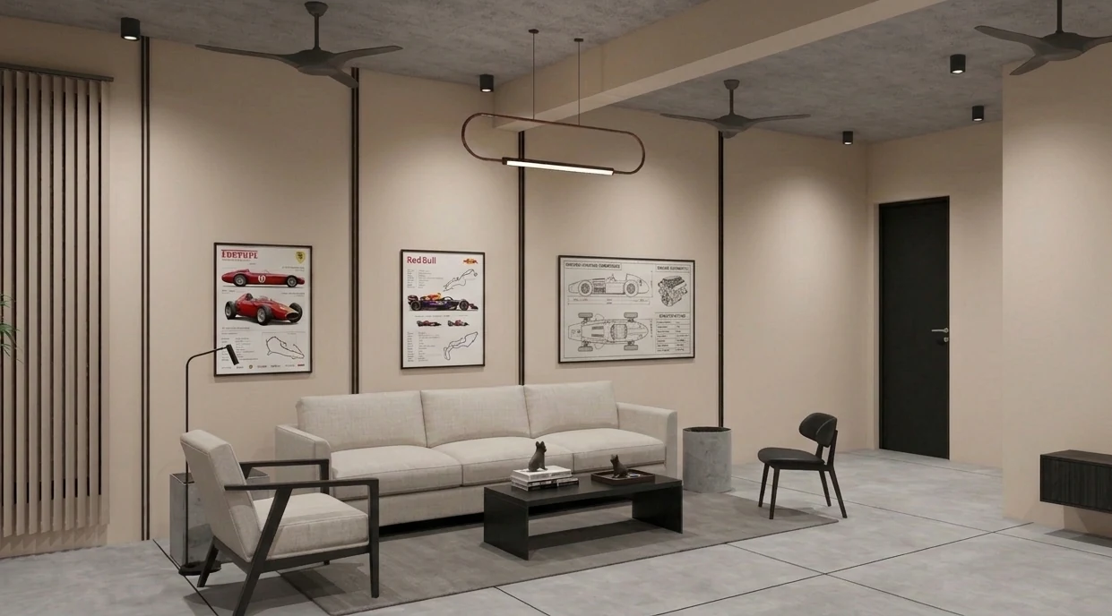 Customer lounge with neutral seating and framed automotive artwork