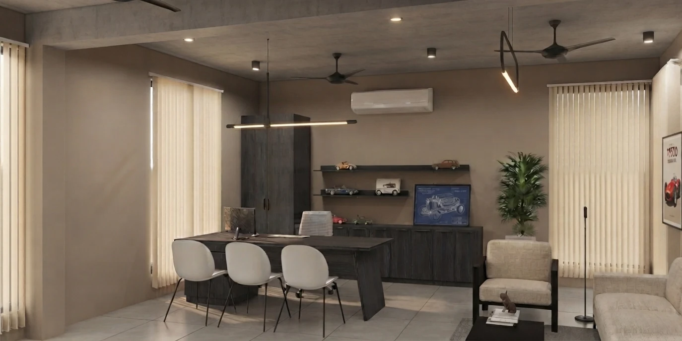Workshop office with meeting table and dark cabinetry