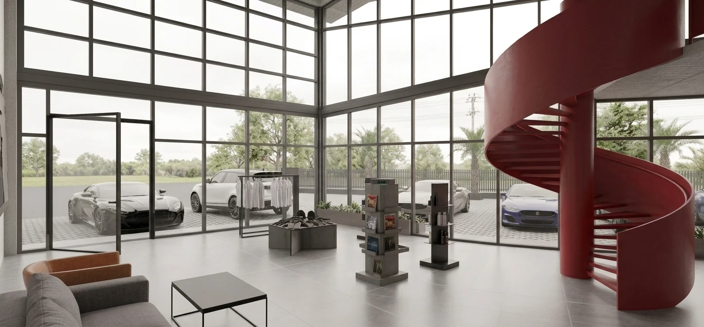 Double-height showroom with floor-to-ceiling glazing and a red spiral stair