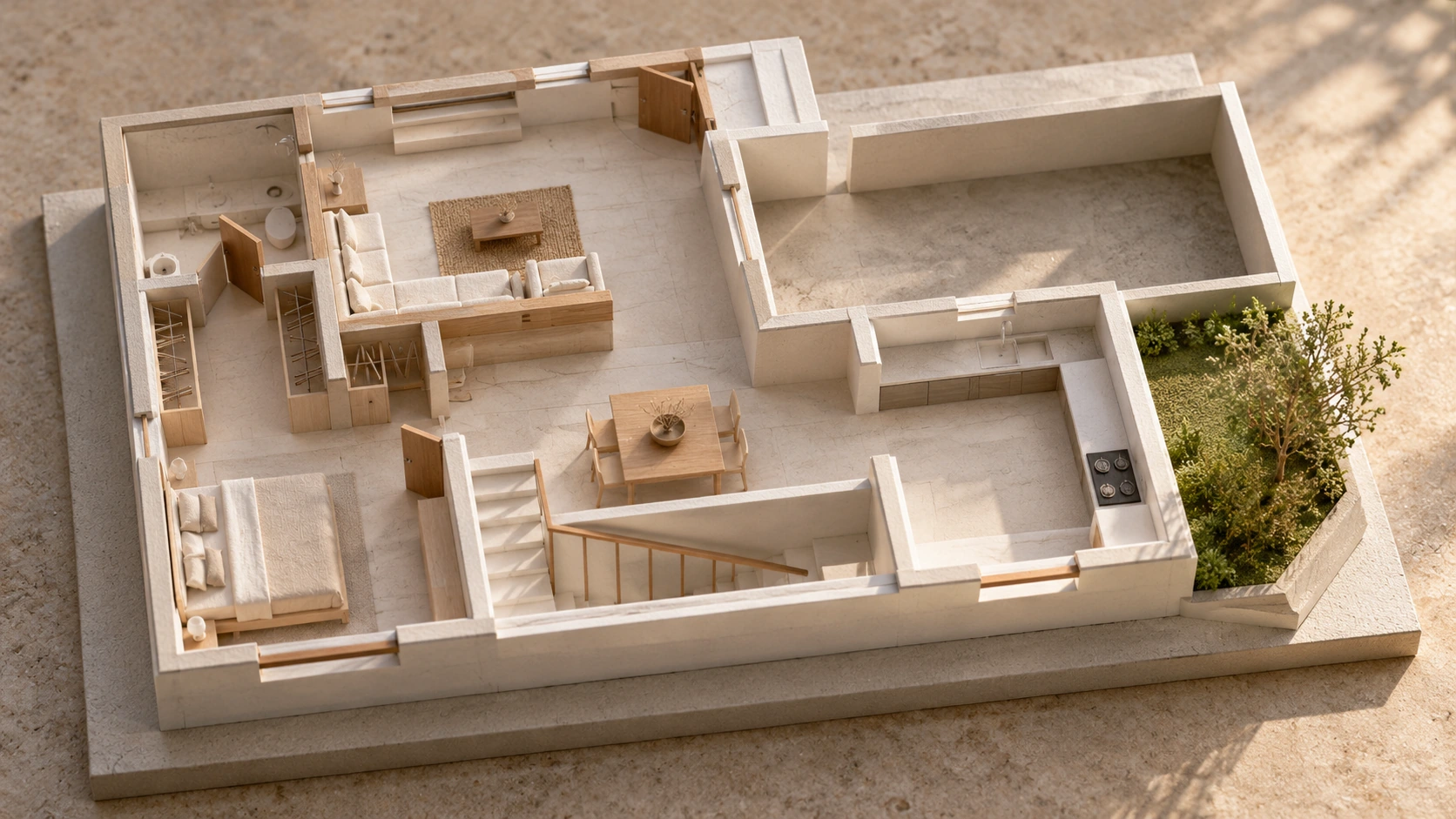 Concept study model of a compact residence with a courtyard and front parking