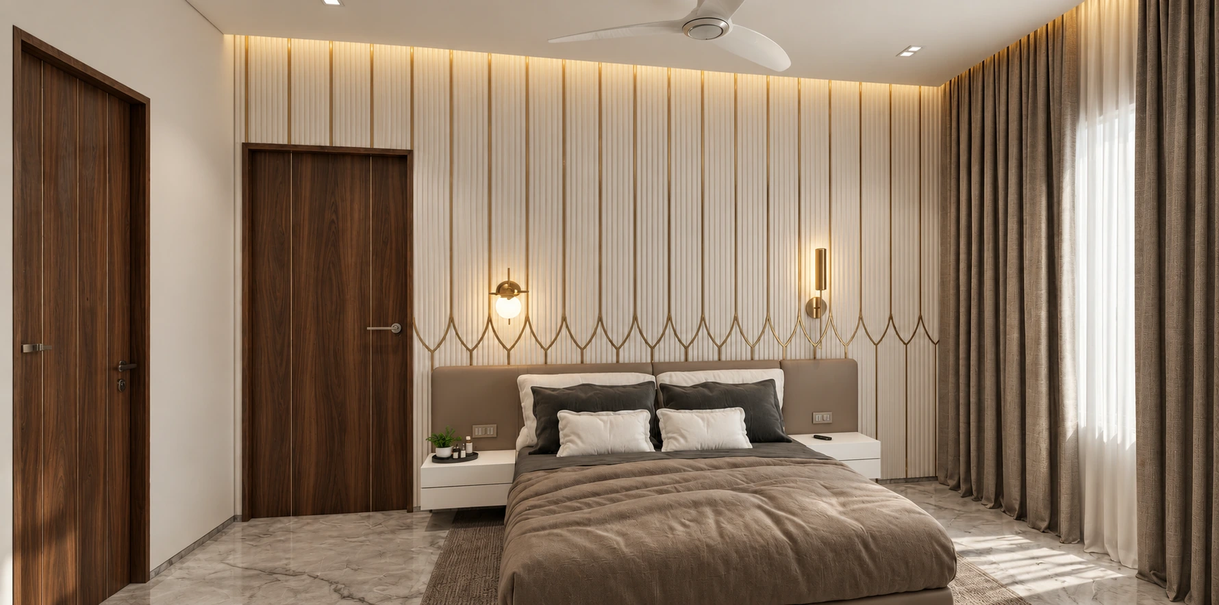 Bedroom with a fluted headboard wall, brass lights and layered neutral bedding