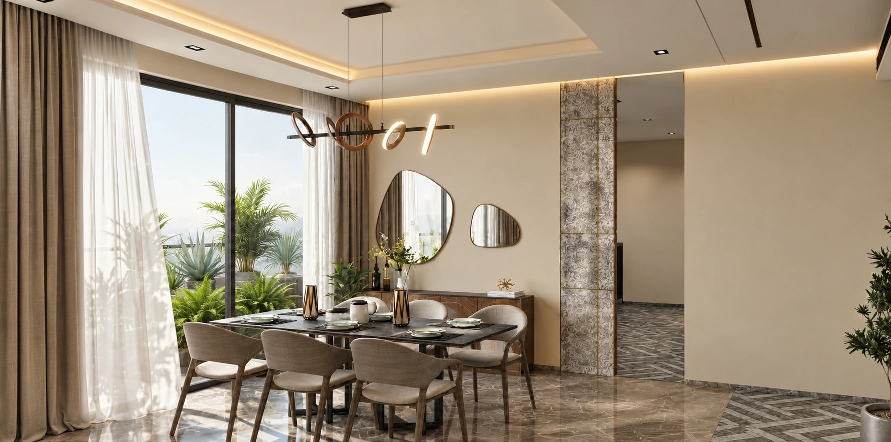 Dining room with a dark table, sculptural pendant and soft daylight through sheer curtains
