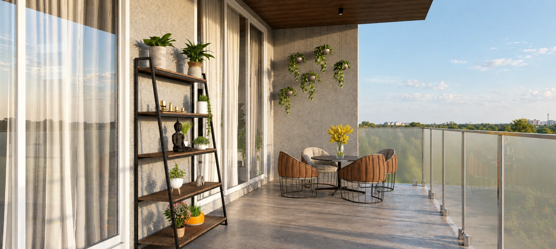 Balcony with a timber shelf, hanging plants and seating beside a glass balustrade
