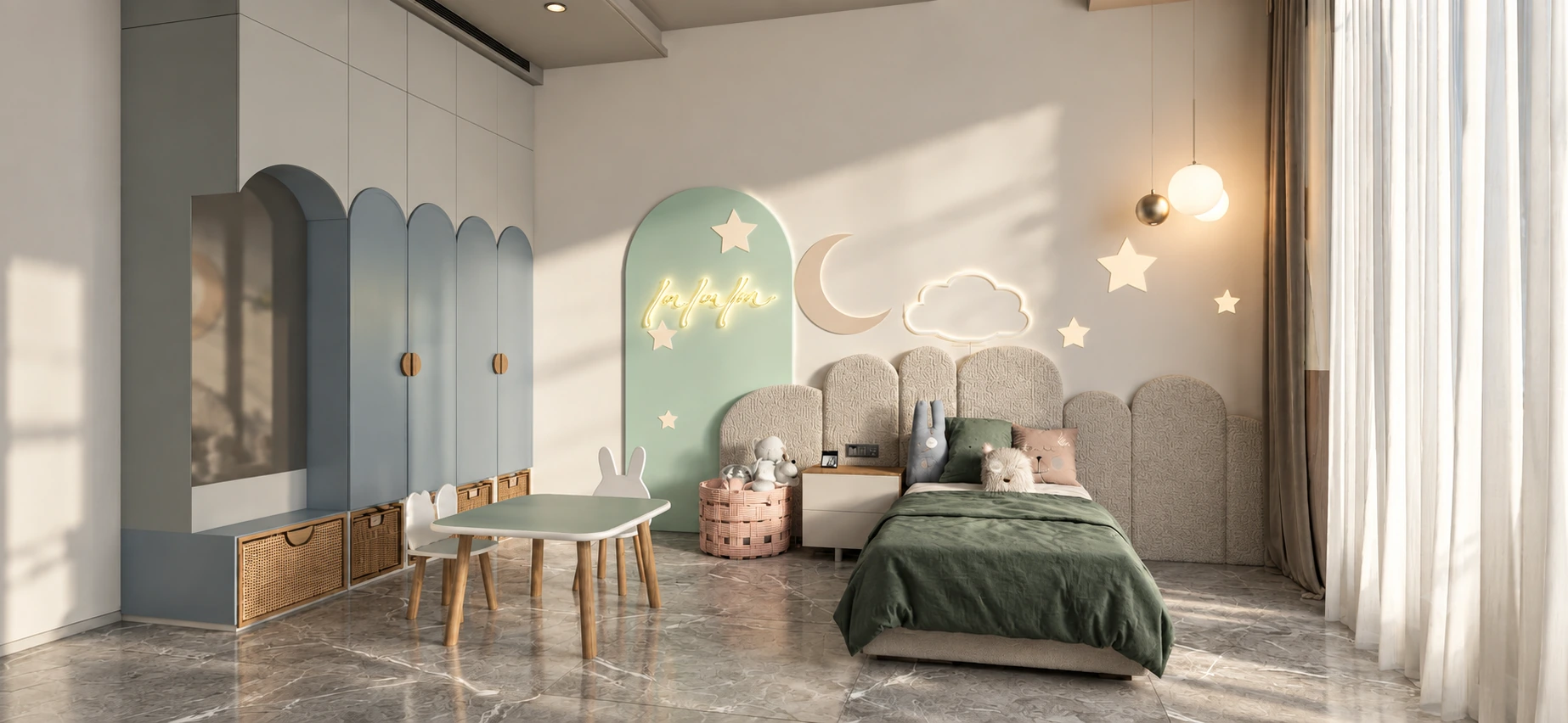 Child’s room with scalloped joinery, soft green accents and star and moon wall details