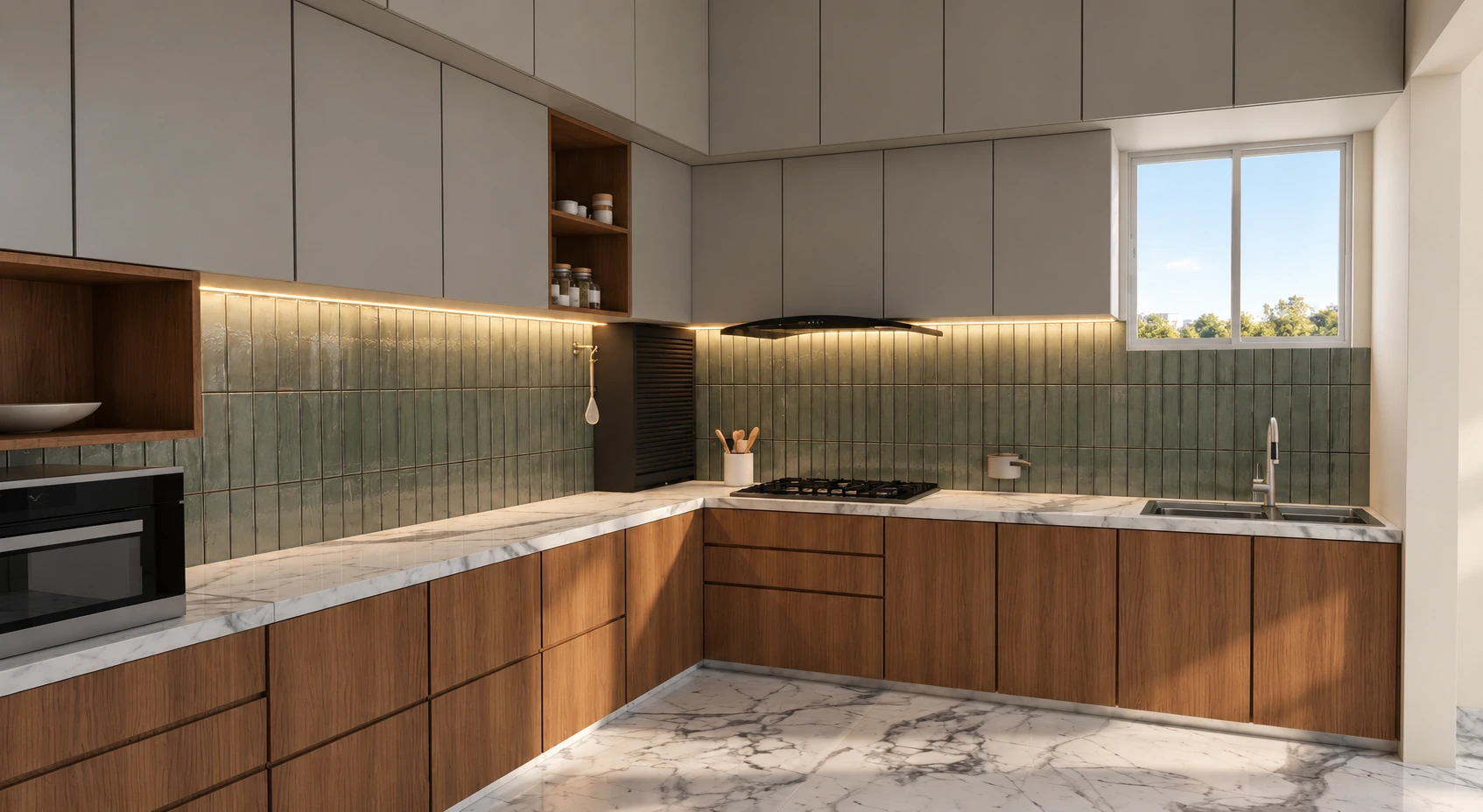 Kitchen with warm timber base units, pale upper cupboards and green tiled backsplash