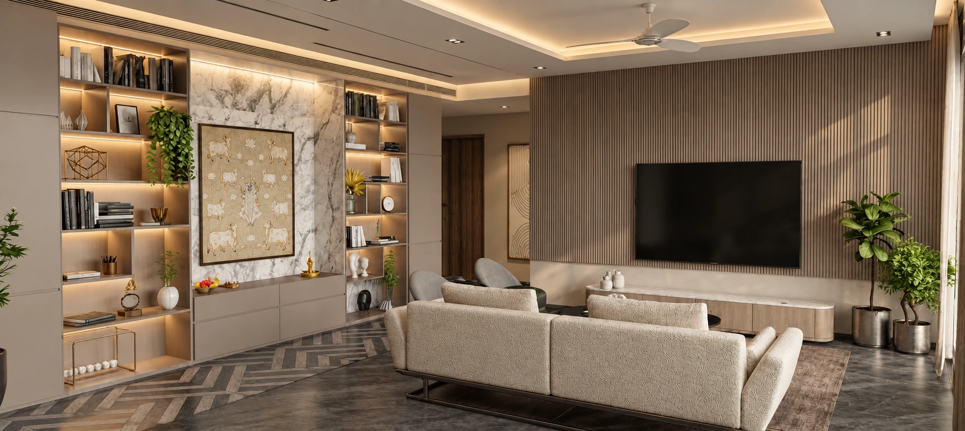Contemporary living room with illuminated shelving, pale textured seating and a fluted TV wall