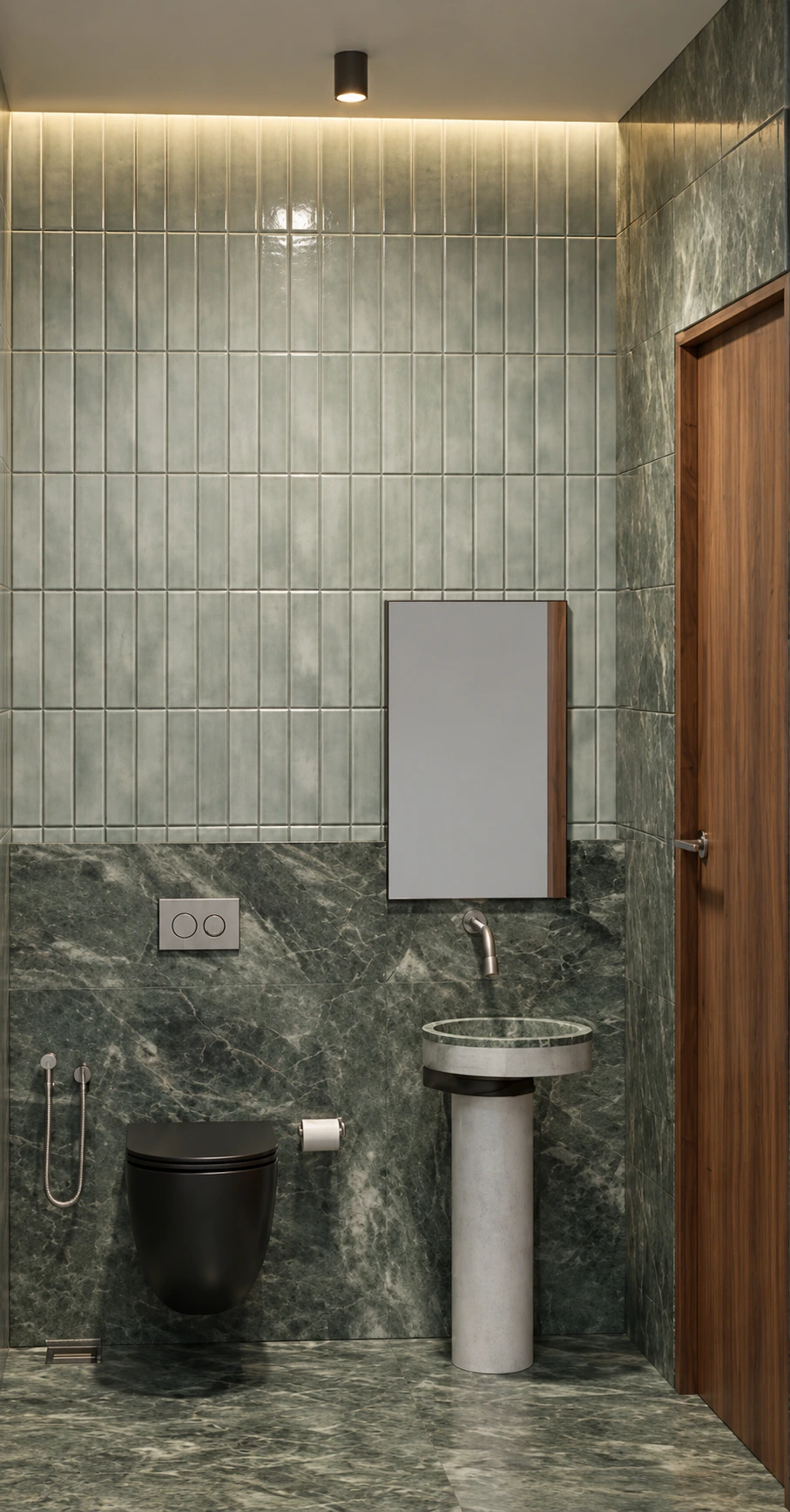 Green tiled powder room with a pedestal basin and timber door