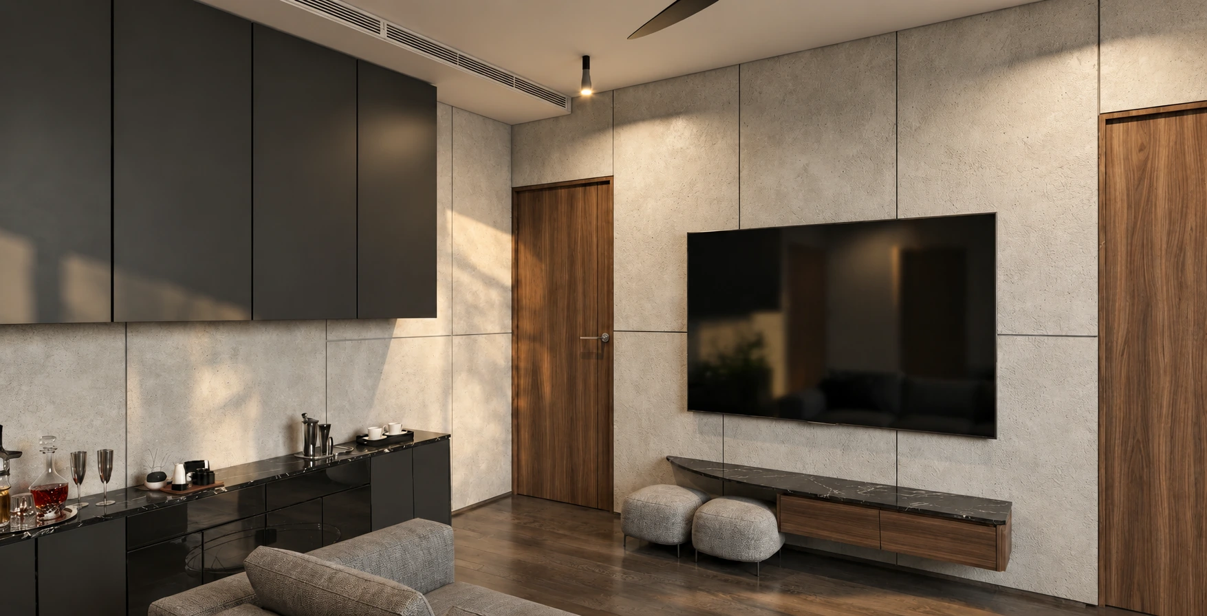TV room with a stone panel wall, black cabinetry and a floating timber console