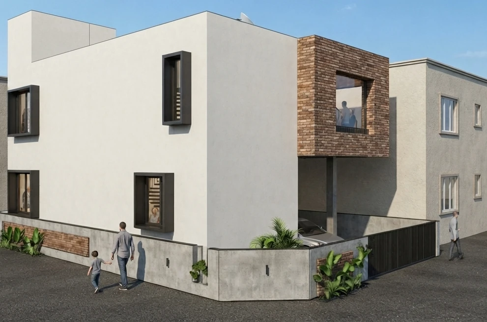 Second Layer exterior with pale walls and a brick-framed window
